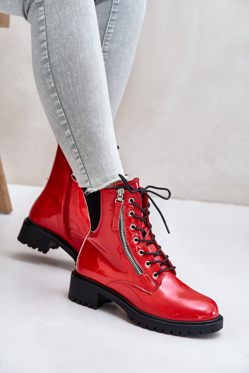 Lakované Pracovné Topánky Na Zips Zateplené Červené Ravanthia