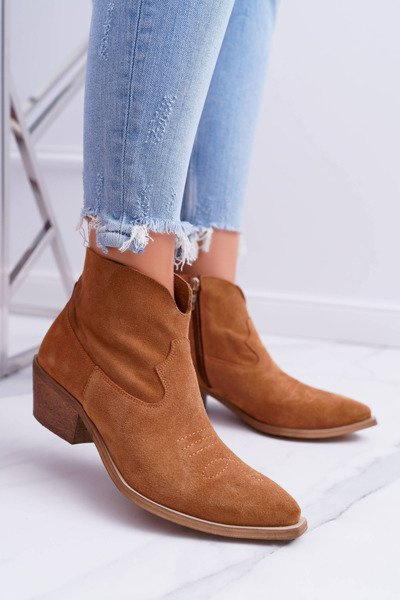 Dámské Kotníkové Ploché Boty Jarní Kožené Cowgirl Camel Batty