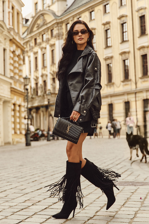 Dámské kozačky na jehlovém podpatku s třásněmi černé Isalune