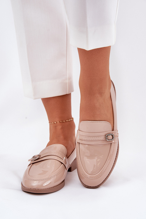 Lakované Dámské Mokasíny S Dekorativní Přezkou Béžové Mollan