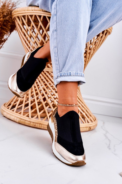 Dámské Klínové Kožené Boty Sneakersy Černé Zlaté Frances