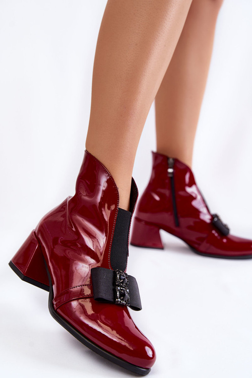 Lakované kozačky na vysokých podpatcích s ozdobnou mašlí Vínové barvy Hallie