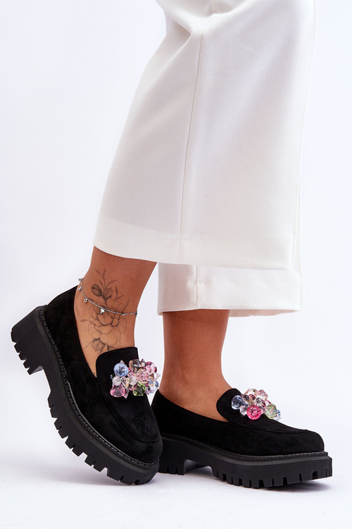 Dámske mokasíny s dekoratívnymi kryštálmi čierny avril