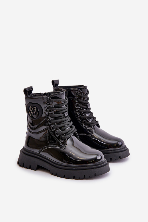 Lakované boty dívčí zateplené kožešinou na zip černé Evaliraea