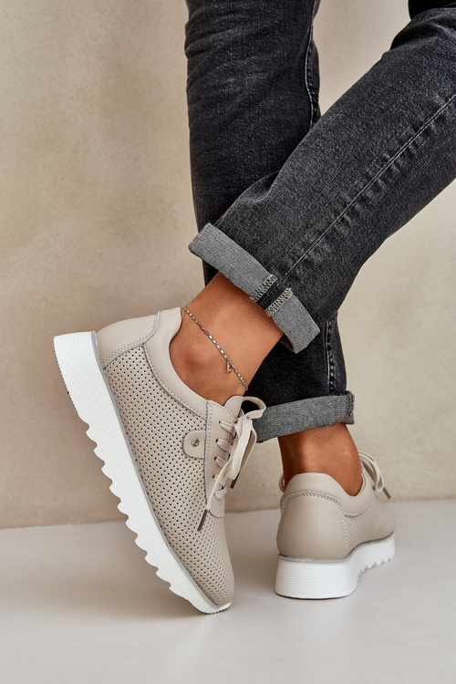 Kožené Športové Topánky Na Platforme S Leskom D&A LR51-629 Béžové