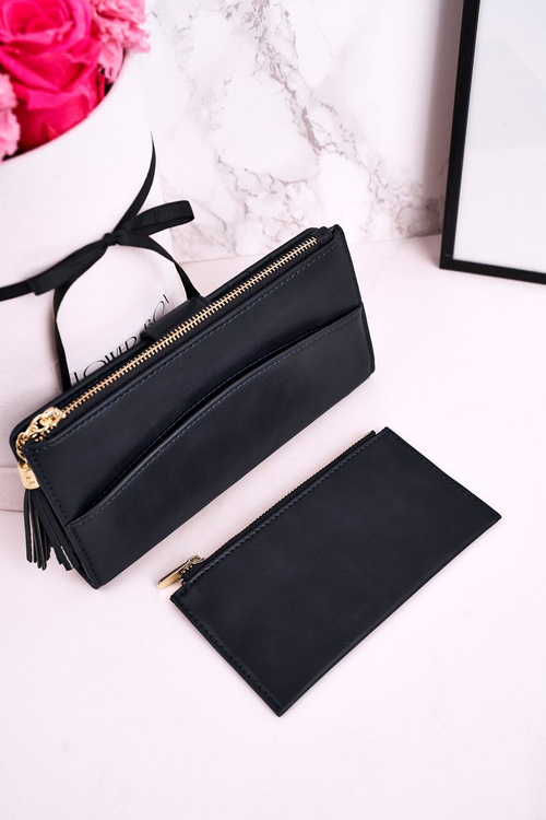 Veľká dámska peňaženka s ďalšou kabelkou a strapcami námornícky modrý