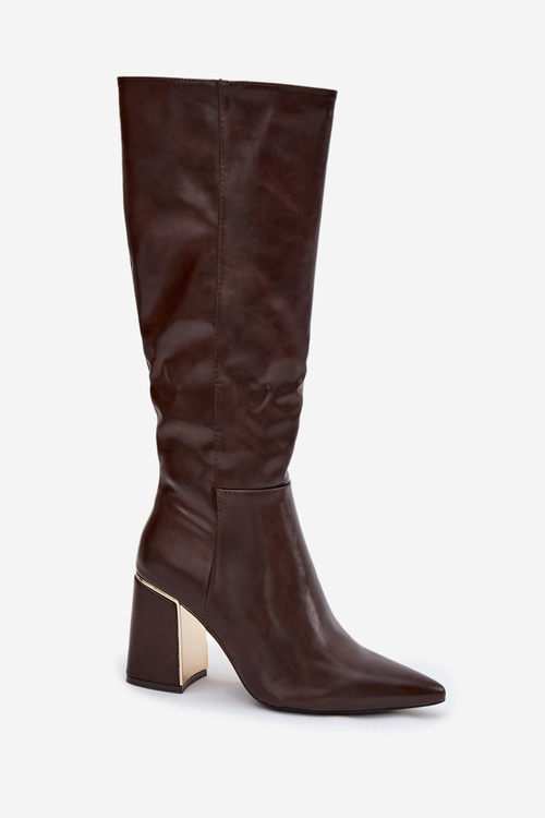 Dámské kozačky na podpatku se zlatým prvkem čokoládové Alessine