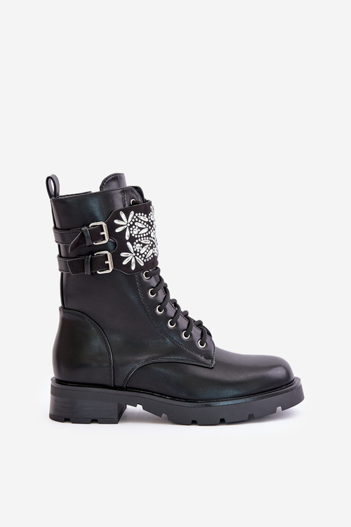 Zateplené pracovní boty s ozdobným pásem a přezkami černé Viveria