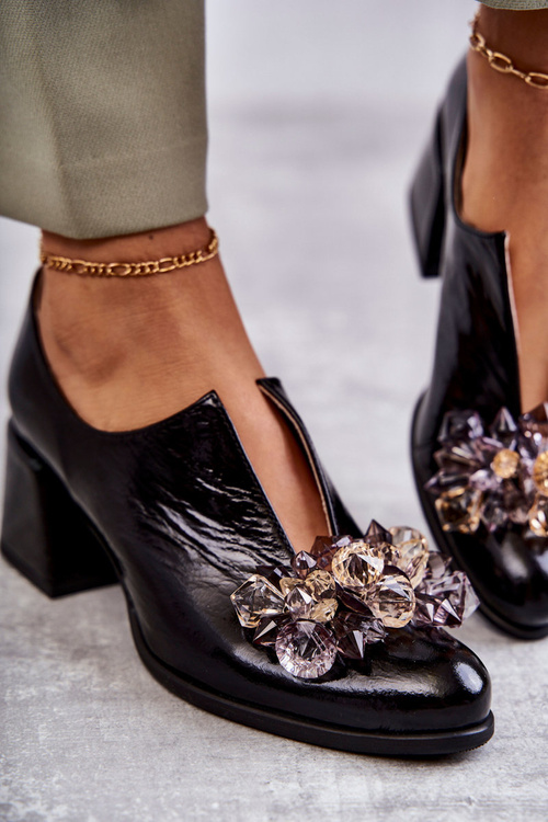 Kožené Hladké Boty S Jasně Dekorací černe Delaver