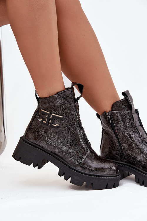 Kožené lakované dámske čižmy s ozdobou zateplené Artiker 57C2081 grafitové