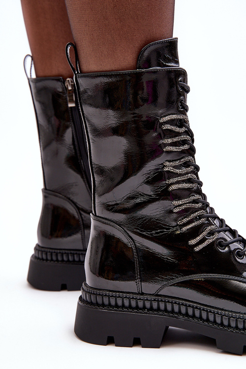 Lakové Dámské Botky Workery Šněrované Černé SBarski MR870-72