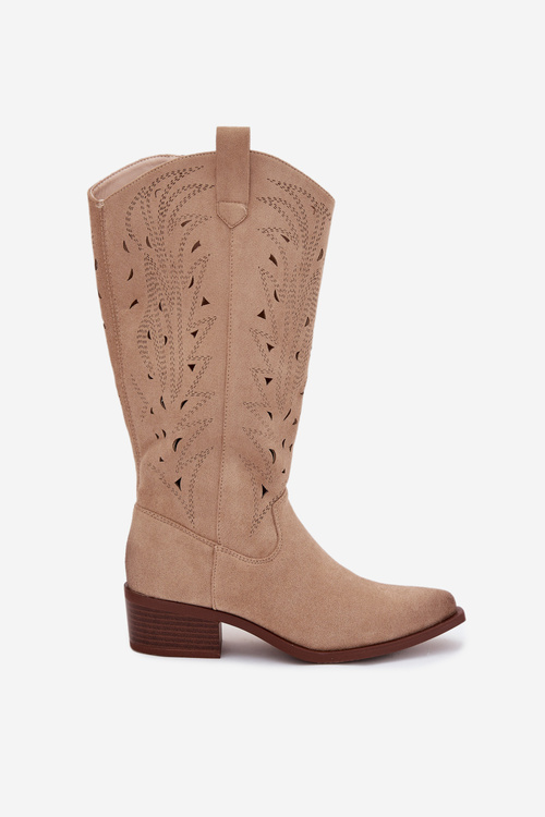 Kovbojské boty s perforovaným vzorem na nízkém podpatku béžové Selirae