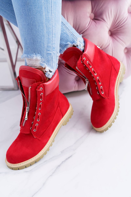 Lu Boo Dámsky červený semiš Timberki Trappers Nancy Zippers