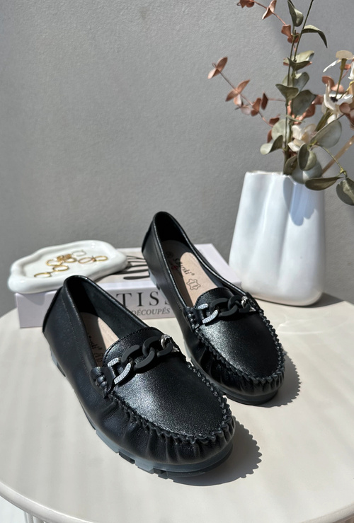 Čierne kožené mokasíny s ozdobou Dámske S.Barski LR339