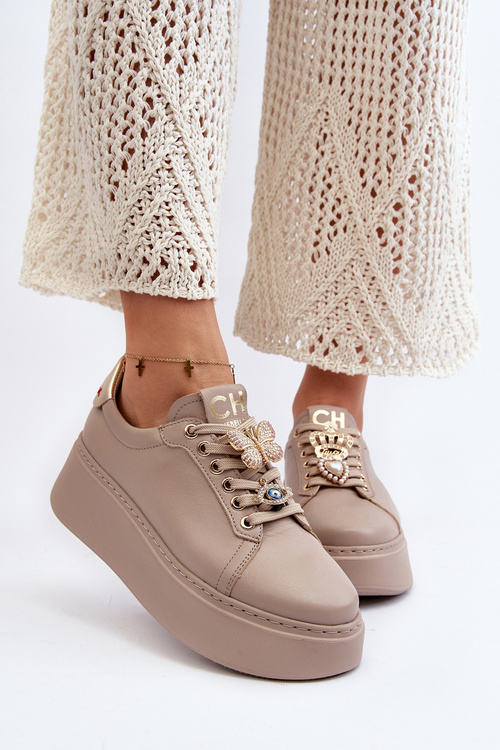 Dámske kožené tenisky s ozdobami CheBello 4292 béžové