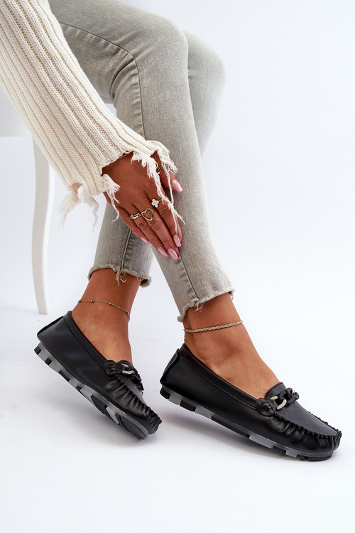 Čierne kožené mokasíny s ozdobou Dámske S.Barski LR339