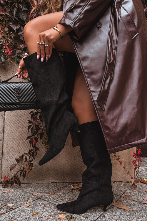 Dámske Kozačky Na Opätku Eko Zamsz Čierne Pheona