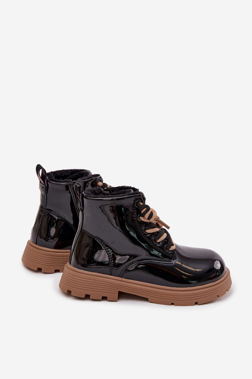 Zateplené detské lakované členkové čižmy s remienkom medveď čierne Jovellea