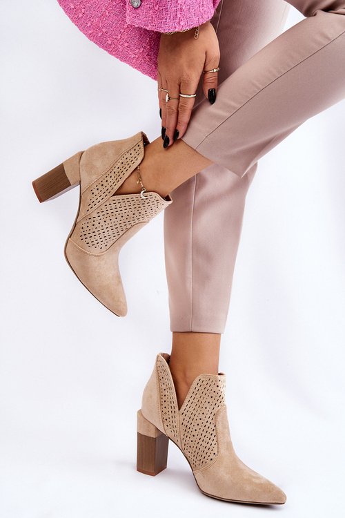 Módní semišové prolamované boty na vysokém podpatku Světle béžová Genevi