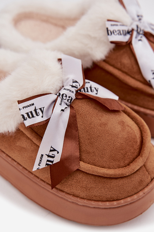 Dámské pantofle s kožešinou a mašlí hnědé Fenella