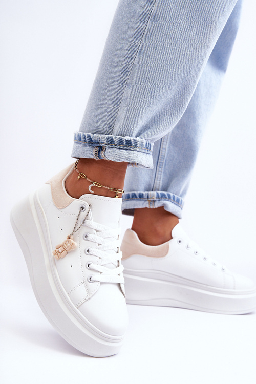 Dámske športové topánky na masívnej platforme, biela a béžová Mariell