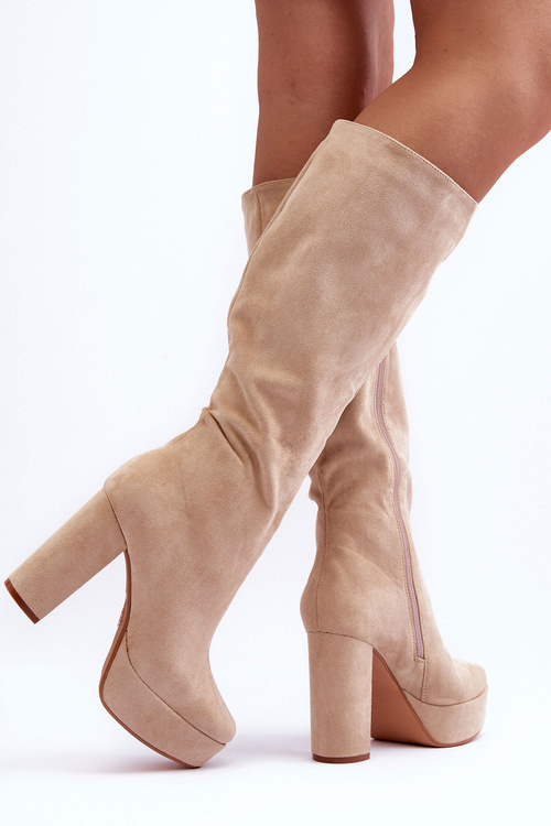 Topánky pred kolenom s vysokými podpätkami a platformou Baldrema Beige
