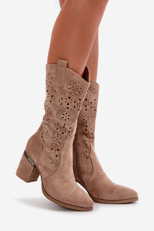 Dámské Krajkové Kozačky Na Podpatku Eko Zamšové Bežové S.Barski HY42-028