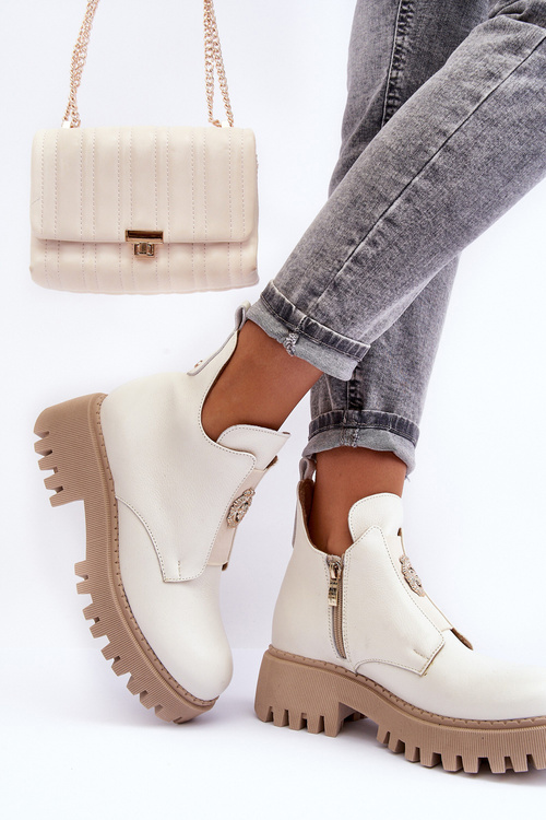 Dámské kožené boty se zdobením světle béžové Lusanna