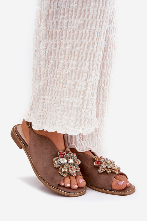 Dámské Sandály Na Plochém Podpatku S Ozdobou S.Barski KV27-001 Tmavě Béžové