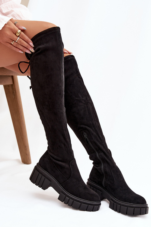 Dámske semišové topánky nad kolennou čiernou cheerou