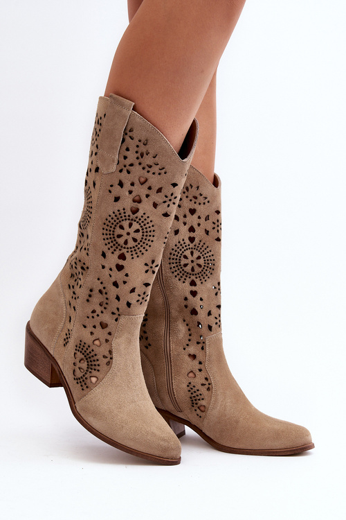 Zazoo 3396 Semišové Prošívané Polokozačky Světle Béžové