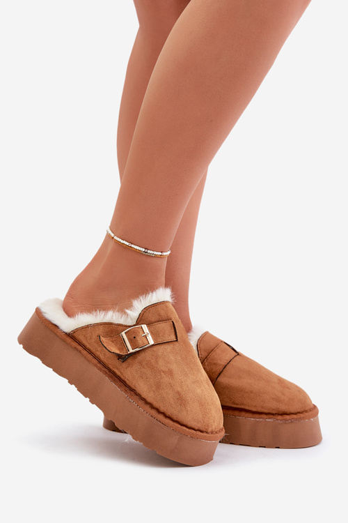 Dámske papuče na hrubej podrážke s kožušinou a sponou Camel Linneola