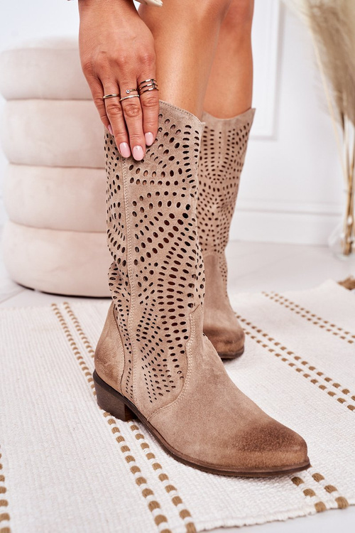 Jarní Prolamované Semišové Kozačky Exquisite 1229 Béžové