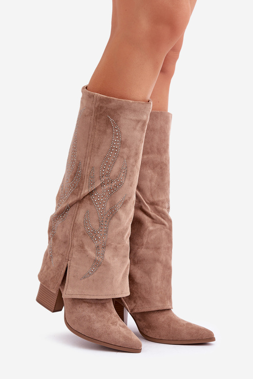 Ozdobené Čižmy S Ohnutým Chráničom Na Opätku Tmavo Béžové Ivilta