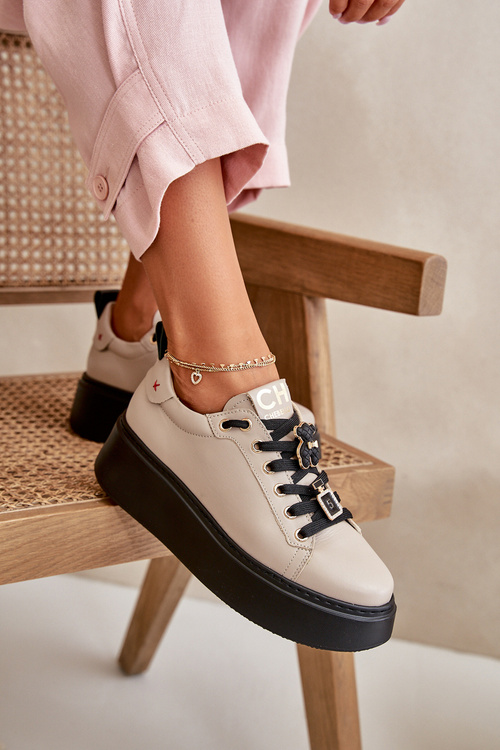 Dámske Kožené Tenisky S Pripínákmi Na Platforme Béžové CheBello 4596