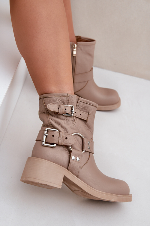 Kožené Dámske Čižmy Na Nízkom Bloku S Pásikmi Zazoo 3644 Béžové