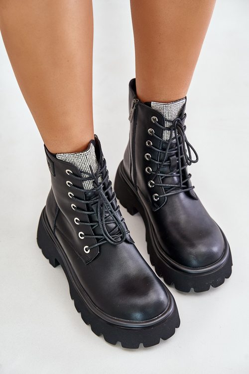 Zateplené Kožené Botky Pracovníky Pro Ženy S Krystaly GOE OO2N4125 Černé