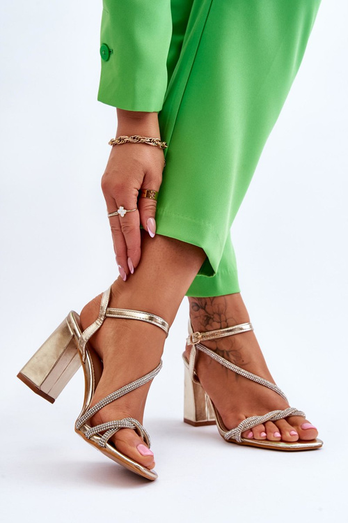 Kožené sandály s kamínky podpatky zlaté Carlotta