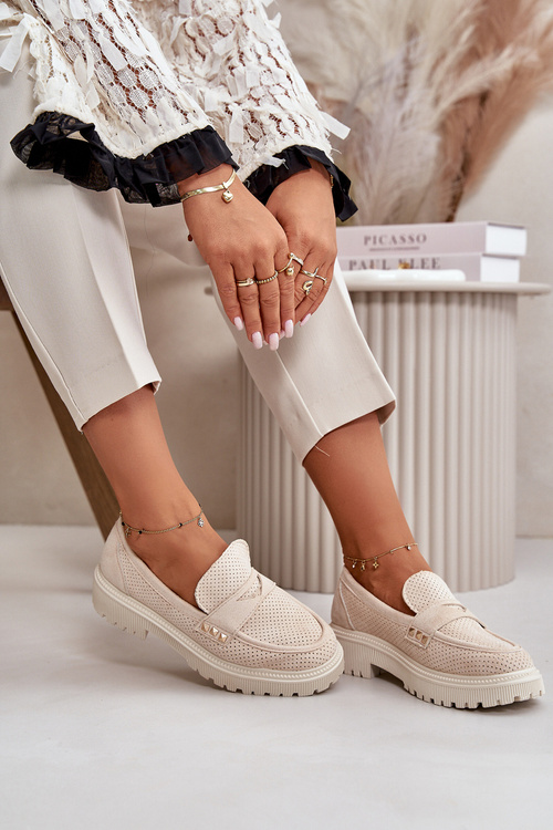 Dámske Dierkované Polobotky Mokasíny Svetlo Béžové Tannes