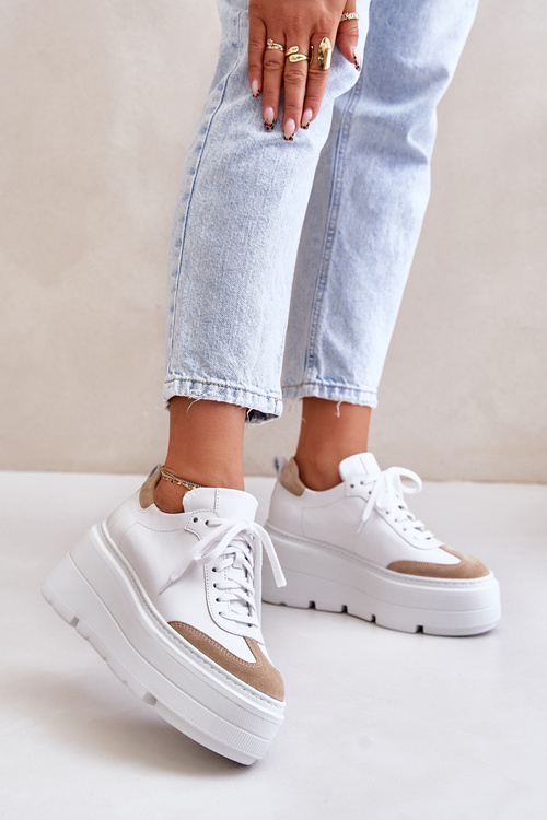 Kožené Sneakersy Na Masívnej Platforme Bielo-Bežové Lewski 3635/X