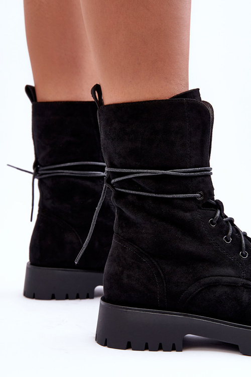 Kožené Workery Botky Na Plochém Podpatku Černé Jence