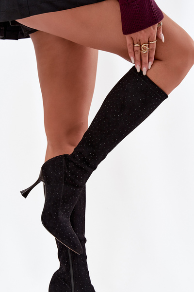 Dámské kozačky na jehlovém podpatku s ozdobou D&A JC52-883 Černé