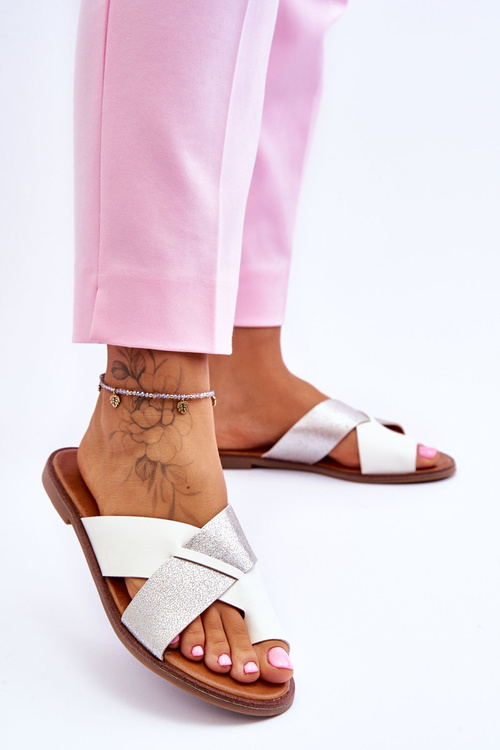 Klasické dámske kožené biele a strieborné žabky Nancy