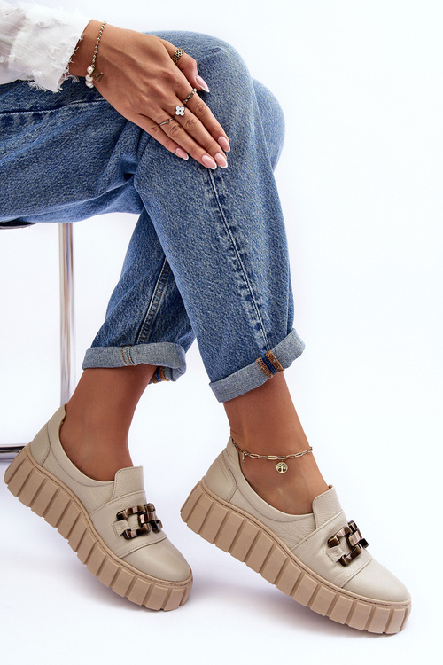 Kožené polobotky dámské na platformě s ozdobou Bežové Lewski 3398