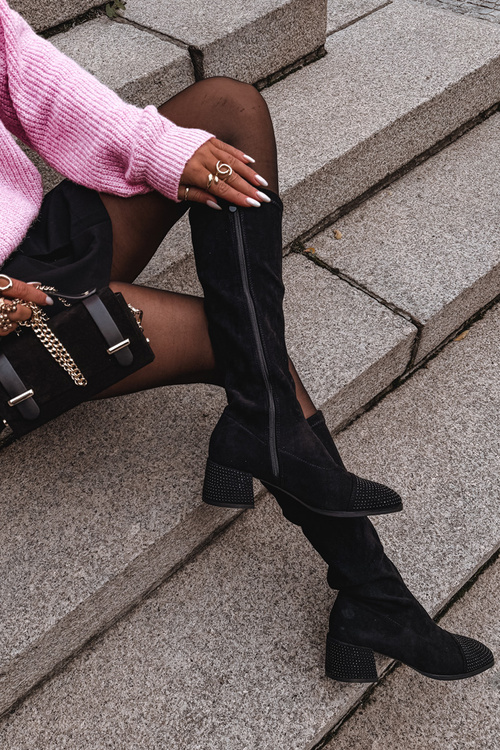 Dámske čižmy s ozdobou na bloku ekologická semiš Čierne Ivanna