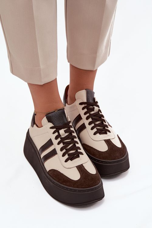 Kožené dámske tenisky na platforme Zazoo 3775 béžovo-čokoládové