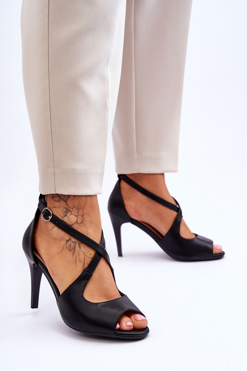 Módní kožené sandály na podpatku Sergio Leone SK429 Černá