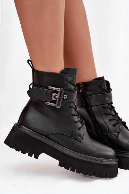 Kožené dámske pracovné čižmy zateplené s ozdobnou sponou D&A MK52-032 Čierne