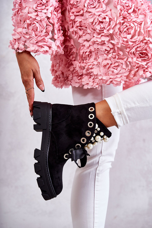 Semišové Teplé Boty S Perlami Černé Roco