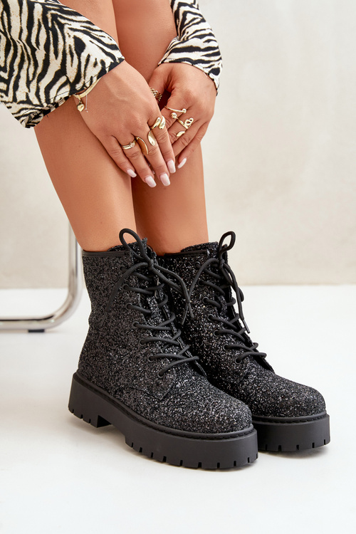 Zateplené Pracovné Čižmy Dámske Ozdobené Flitrami Čierne Liatheine